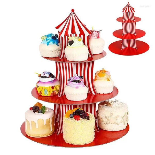 Fontes de festa natal circo carnaval tema papel bolo suporte listra vermelha 3 camadas decoração sobremesa exibição bandeja cupcake torre titular