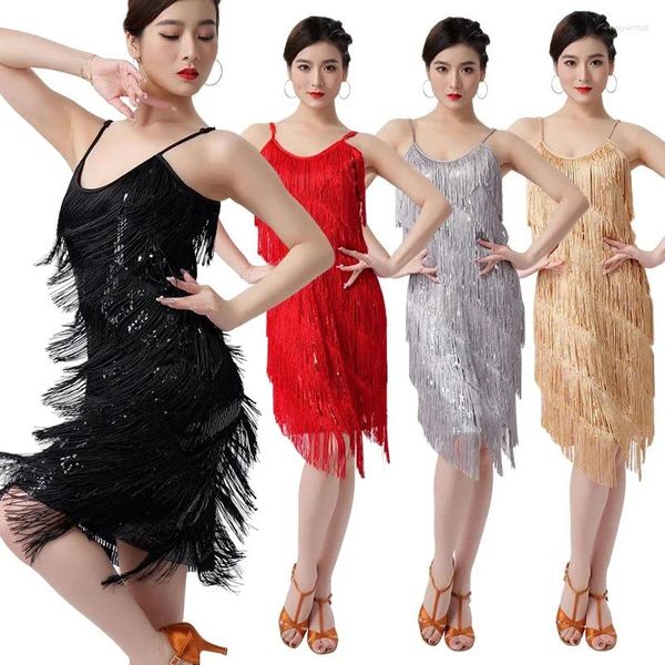 Palco desgaste mulheres moda sexy borla vestido latino em camadas franja flapper noite boate dança fantasia trajes c-pescoço lantejoulas