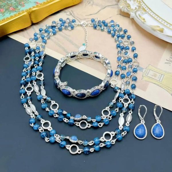 Набор серег-ожерелья из европейского и американского камня, средний древний винтаж, легкий роскошный стандарт тяжелой промышленности, синий браслет