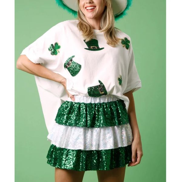 St. Patrick Day-Shirt, ästhetische Kleidung für Damen, mit Paillettenklee bedruckt, Rundhalsausschnitt, kurzärmeliges Oberteil, Y2K-Straßenkleidung 240118