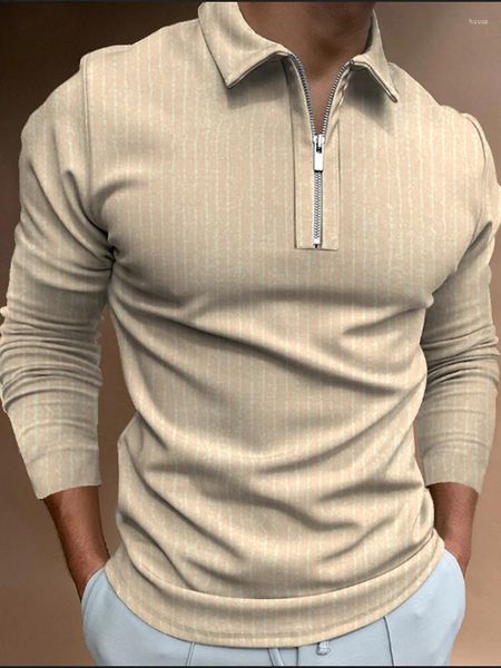 Herren Polos Männer Langarm Poloshirt Reißverschluss Design Umlegekragen Reine Farbe Herbst Kleidung Streetwear Casual Fashion Tops