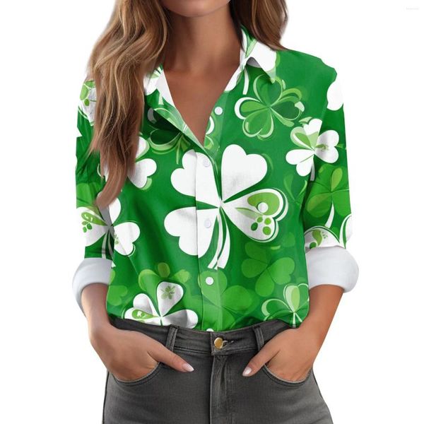 Damen-Kapuzenpullover, Hemdbluse, St. Patrick's Day-Aufdruck, Knopfleiste, lange Ärmel, lässig, Basic-Kragen, normales Oberteil, modisches T-Shirt