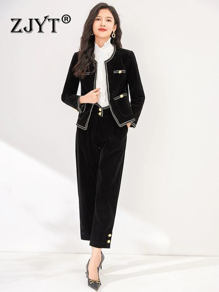 Zjyt outono inverno veludo jaqueta e calça define duas peças para as mulheres roupa vintage preto manga longa senhora do escritório calças terno 240117