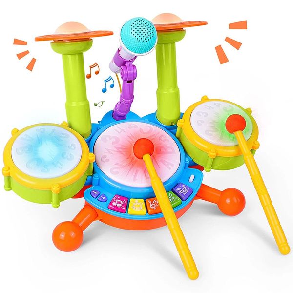 Kinder-Schlagzeug-Set für Kleinkinder, 13 musikalische Baby-Lerninstrumente, Spielzeug für Mädchen, Mikrofon, Lernaktivitäten, Geschenke 240117