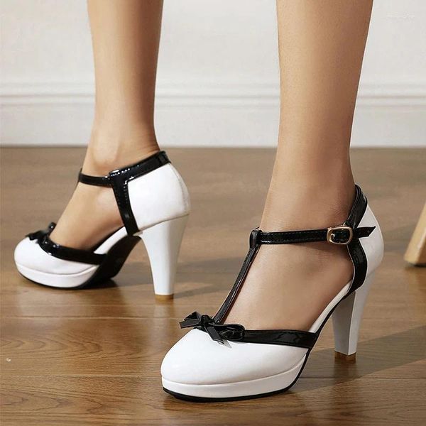 Sandallar Kadınlar Artı Boyut 33-48 T-Strap High Topuklu Yuvarlak Toe Pompalar Kadın Platformu Bowtie Partisi Düğün Ayakkabıları Chaussures De Femme
