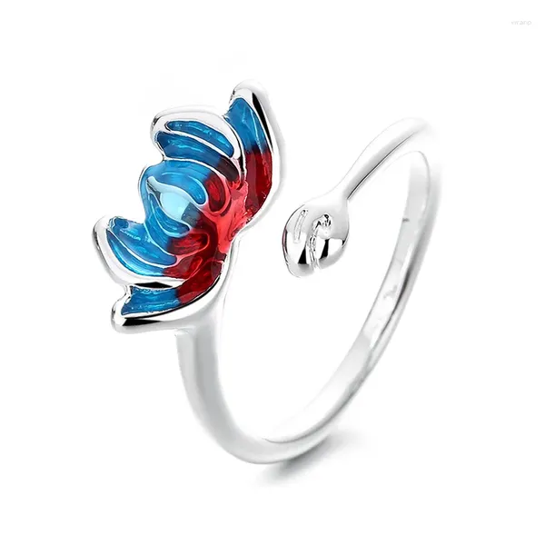 Cluster-Ringe Vintage Ethnischer Stil Emaille Burnt Blue Lotus Ring Damenschmuck Mode 925 Silber Offen als Geschenk für Lady Mom
