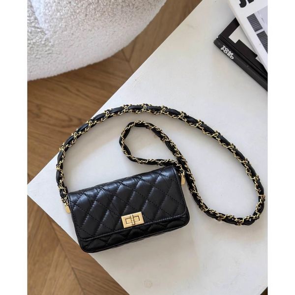 Bolsa feminina para celular, anti-perda, zíper longo, masculina e feminina, moda sexy, bolsa de ombro com diamante preto, mini carteira, couro fashion, cor sólida, bolsa de design