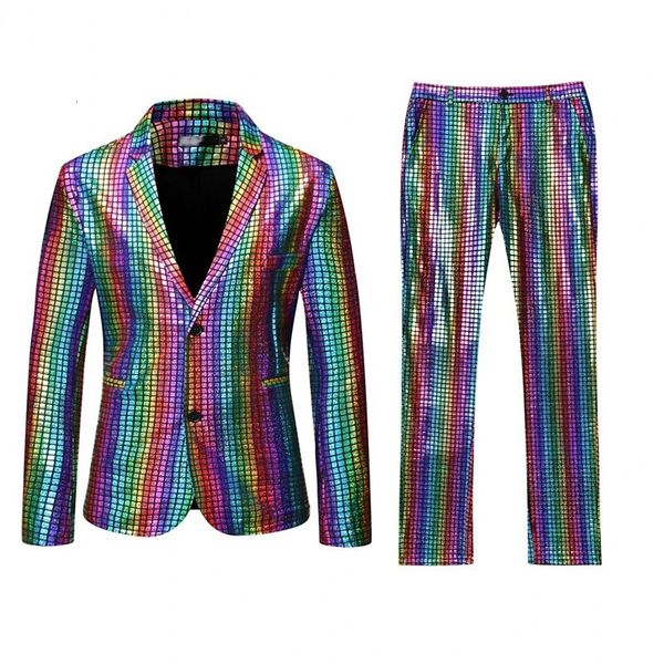 Abiti da ballo di scena da uomo Oro Argento Arcobaleno Plaid con paillettes Giacca Pantaloni Uomo Dance Festival Natale Festa di Halloween Costume Homme 240117