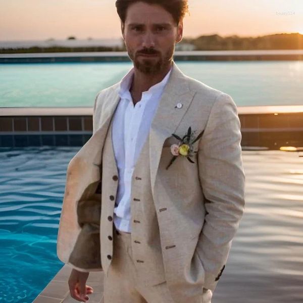 Мужские льняные костюмы для мужчин, пляжный летний приталенный бежевый свадебный смокинг для жениха, костюм из 3 предметов, пиджак в итальянском стиле (куртка, жилет, брюки) 2024