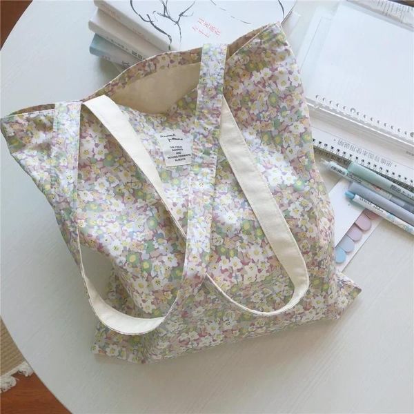 Sacos da noite Algodão Floral Mulheres Saco Grande Lona Compras Ombro para Mercearia Reutilizável Dobrável Estudantes Femininos Livros Tote Bolsas