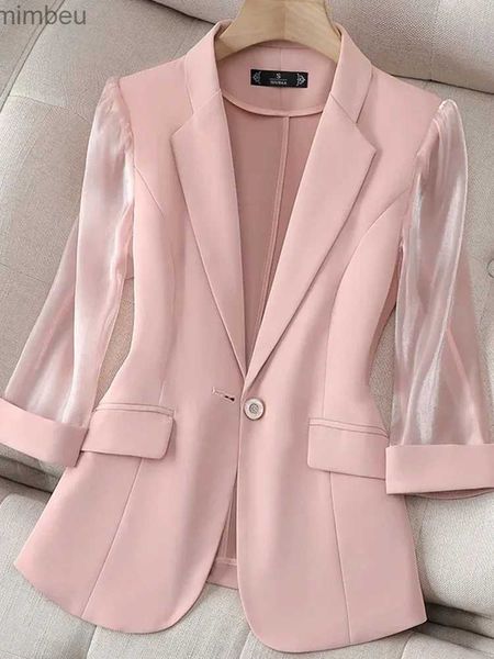 Ternos femininos blazers fino rosa terno feminino 2022 primavera e verão nova moda coreana magro três quartos mangas jaqueta casual senhora escritório blazerl240117
