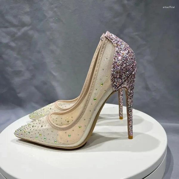 Модельные туфли с блестками, женские сетчатые туфли-лодочки без шнуровки на высоком каблуке с острым носком и стразами для свадебной вечеринки