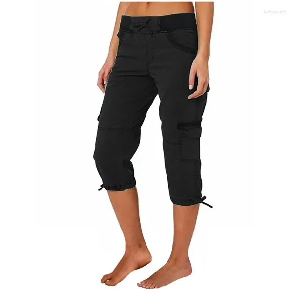 Calças femininas capris com bolsos soltos ajuste casual leve calças femininas