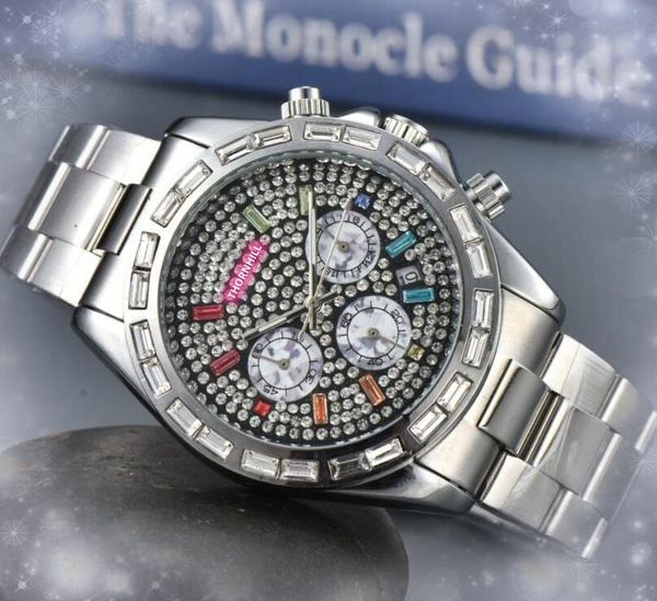 ICE Out Hip Hop Masculino Anel de Diamantes Coloridos Brilhante Relógios com Mostrador Estrelado 42mm Bateria de Quartzo de Aço Inoxidável Super Completo Funcional lazer automático dia data hora relógio presentes