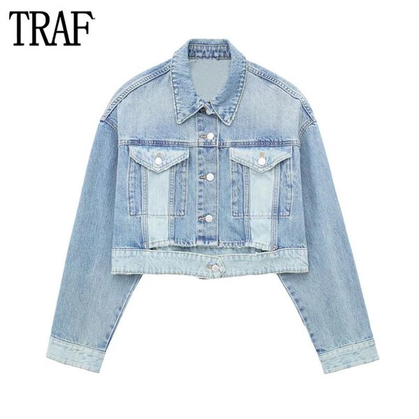 Traf azul denim jaqueta feminina cortada bomber mulher manga longa jaquetas oversize para streetwear cortar casacos 240117