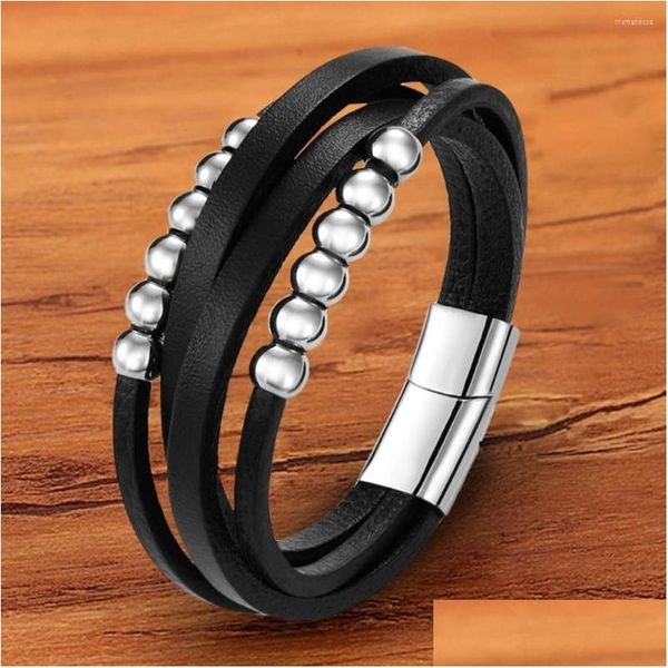 Charm Armbänder Tyo Schmuck Geflochtenes Echtes Leder Armband Für Männer Schwarz Magnetische Hand Seil Punk Großhandel Zubehör Trendy Drop Dhtfx