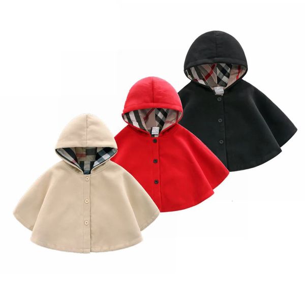 Зимняя модная детская одежда для маленьких девочек, накидка с узором, черно-красная хлопковая куртка в клетку с капюшоном, однотонная накидка для маленьких девочек, 240117