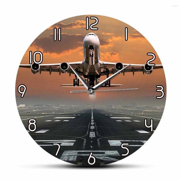 Wanduhren, Flugzeug, Jet, Flugzeug, Flughafen, Landebahn, Sonnenuntergang, Landung, moderne Uhr, Piloten, Heimdekoration, zweistöckig, kommerzielle Jetliner-Uhr