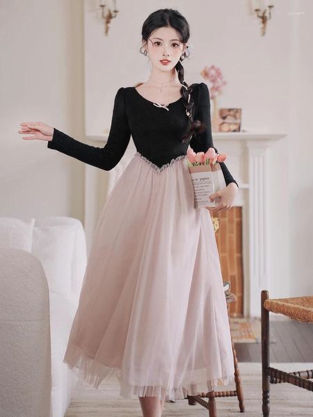 Повседневные платья, винтажное лоскутное черно-розовое сетчатое кружевное платье с бантом для балерины, женское платье с пышными рукавами в стиле ретро, день рождения, вечеринка, принцесса