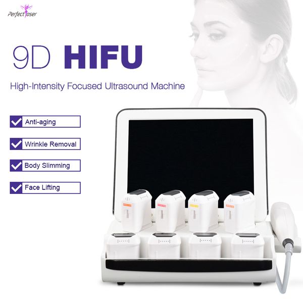 Máquina portátil de hifu, remoção de rugas, lifting facial, emagrecimento, máquina de beleza, alta intensidade, ultrassom focado, 8 cartuchos