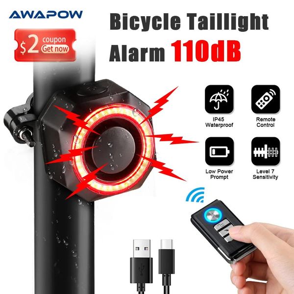 Luzes Awapow Bicycle Alarme Tails Burglar Bike Light Charging Charging Smart Auto Brake Sensing Anti -Roubo à prova d'água Smart Bicycle Lamp