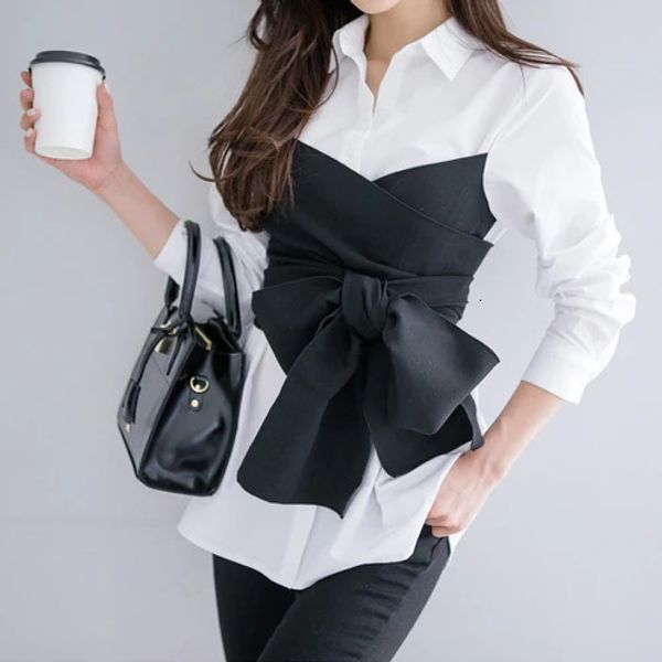 Verão coreano moda gravata camisa blusa feminina preto arco manga longa camisa branca ol senhora escritório camisa plus size feminino topos 240117