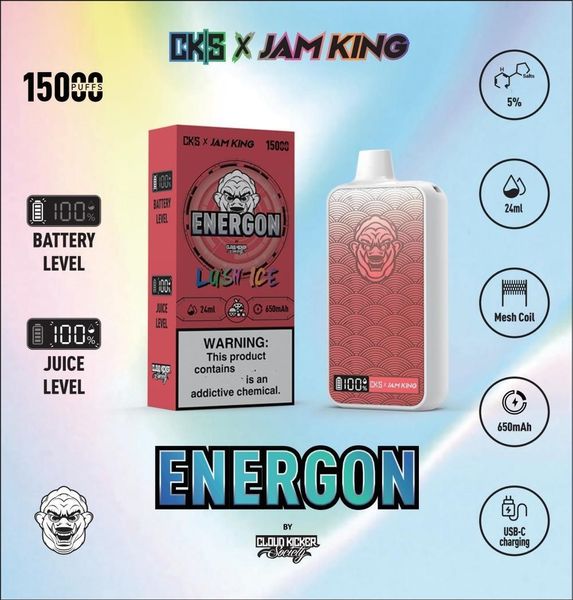 Jam King CKS ENERGON puff 15000 вейперов desechables 24 мл Предварительно заполненная сигарета elettronica слоеный батончик USB-C Зарядка E Жидкий экранный дисплей 2% 3% 5% 650 мАч оптом vape 15k