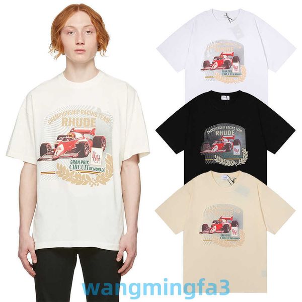 2024 Novo Modelo Camisetas Masculinas Designer Chao Marca Rhude Micro Label Letter F1 Racing T-shirt Curta Impressa para Homens e Mulheres High Street Solta Camisa de Meia Manga