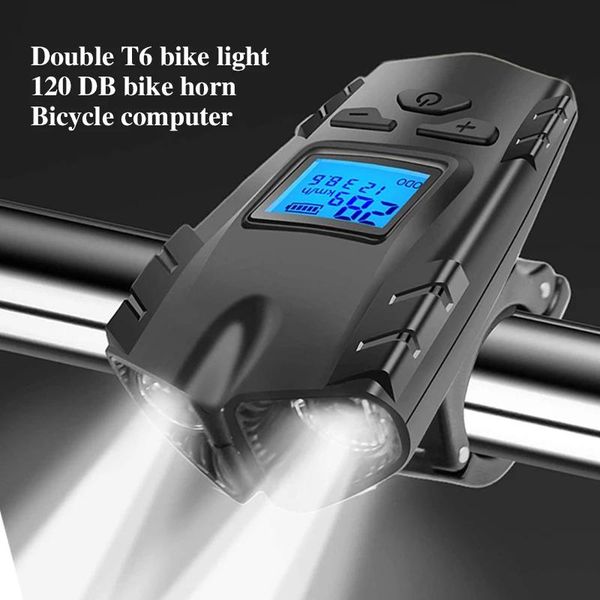 Luzes duplas para bicicleta, velocímetro, farol 4 modos, recarregável, computador de bicicleta, à prova d'água, campainha, led, ciclismo, luzes frontais