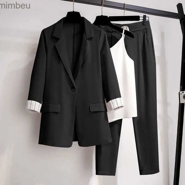 Ternos femininos blazers feminino primavera outono fino manga de três quartos terno jaqueta branca suspender calças de três peças coreano elegante blazers conjunto de calças l240118