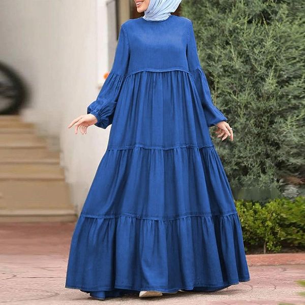 Casual Kleider Mode Rüschen Geschichteten Kleid Muslimischen Langarm Spitze-Up Lose Maxi Robe Eid Mubarek Vintage Sommerkleid Elegante party Vestidos