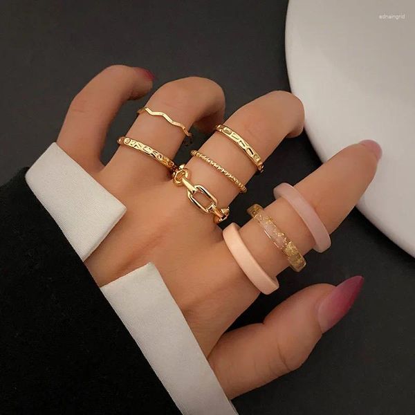 Cluster Ringe 8 stücke Trend Set Für Frauen Gold Farbe Hohl Kette Rosa Harz Ring Finger Schmuck Ästhetische Zubehör weibliche Geschenk 2024