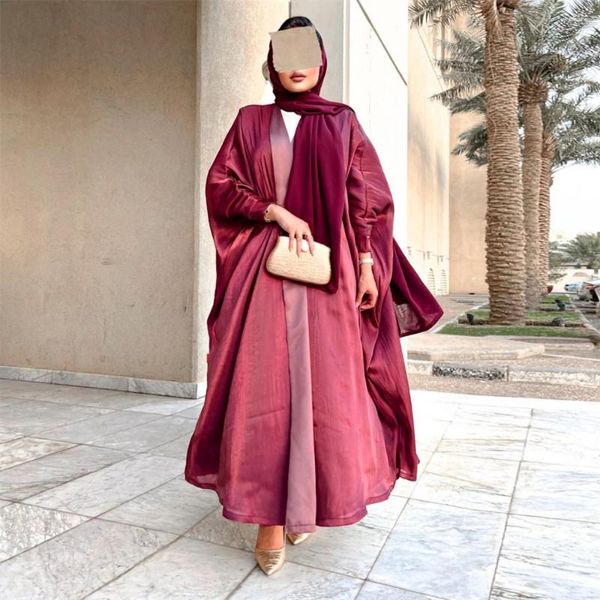 Ethnische Kleidung Bescheidenes muslimisches Kleid Frauen Dubai Kimono Strickjacke Glänzender Satin Abaya Marocain Kaftan Seide Fledermausärmel Jalabiya Eid Ramadan