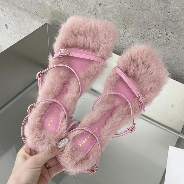 Sandalen Ankunft Marke Plüsch Fell Fuzzy Frauen Dünne Fersen Fashion Square Toe Ankle Lace Up Schnalle Rutschen Schuhe Sandales