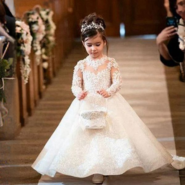 Abiti da ragazza di fiori bianchi maniche lunghe a strati in tulle di pizzo con fiocco sul retro Abiti da principessa regina abiti da bambina per bambini Abito da festa per matrimonio Abito da sposa CF032