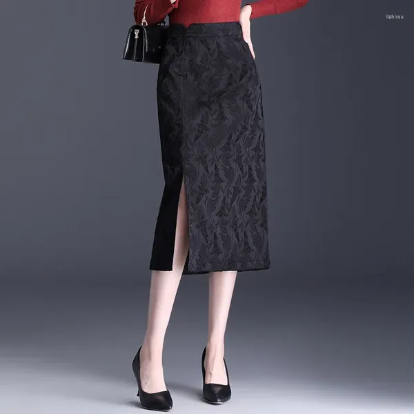 Юбки с высокой талией, черная жаккардовая облегающая юбка-карандаш, женская весенне-осенняя элегантная шикарная облегающая повседневная офисная женская юбка 4XL 1685