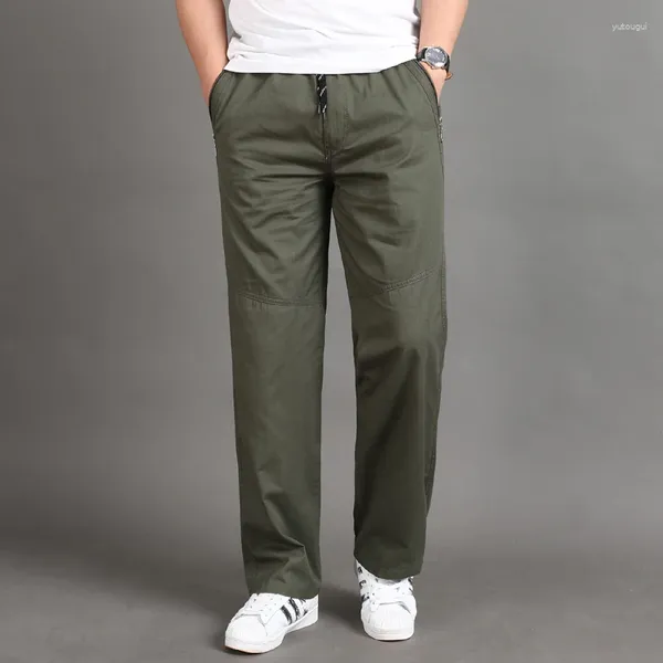 Pantaloni da uomo oversize casual taglie forti pantaloni da lavoro di media età con coulisse in cotone larghi tinta unita nero dritto