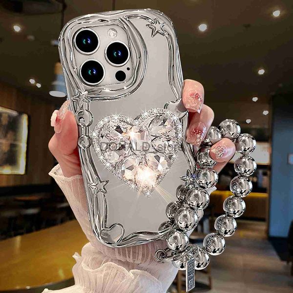 Casos de telefone celular ins Korea Star Silver Plating 3D Diamond Heart Holder Strap Phone Case para iPhone 15 14 13 12 11 Pro Max X XS XR 7 8 Plus + J240118