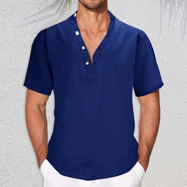 Camisas casuais masculinas cor sólida versão grande solta quarto botão gola manga curta para baixo vestido camisa vestuário