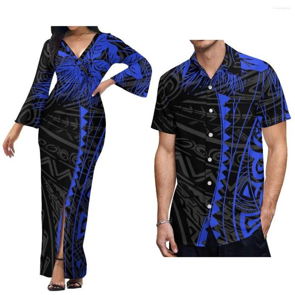 Vestidos Casuais Mulheres V-Pescoço Vestido De Cintura Alta Saia Longa Com Temperamento Camisa Masculina Conjunto De Casal Polinésio