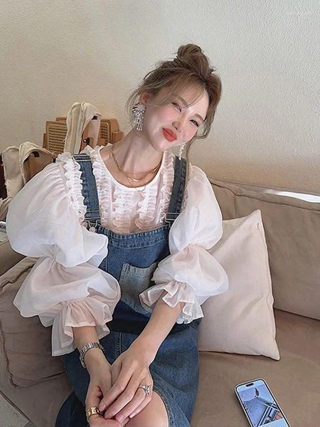 Pantaloni da donna abbinati a un set di età che riduce il dramma coreano protagonista femminile Xiao Xiangfeng camicia bianca con maniche a palloncino abito con cinturino in denim