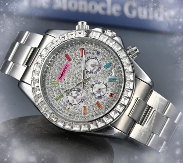 ICE Out Hip Hop Masculino Anel de Diamantes Coloridos Shine Starry Dial Relógios 42mm Aço Inoxidável Bateria de Quartzo Multi-Função Cronógrafo Ouro Prata Lazer Relógio colorido