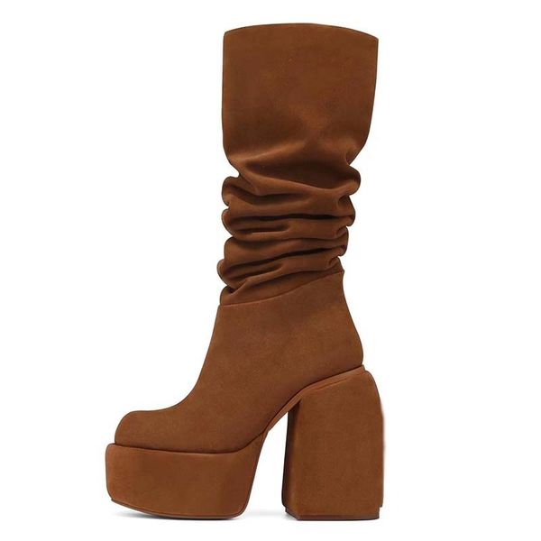 Botas de primavera meninas plataforma marrom salto grosso preto camurça capa joelho bezerro sapatos soltos feminino vestido redondo design botas