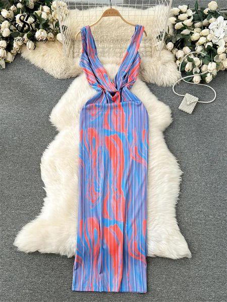 Abiti casual SINGREINY Deep V Tie Dyed Party Dress Ladies Backless Striped Bodycon Slim Fit Stile 2024 Sexy Elegante da sera lunga