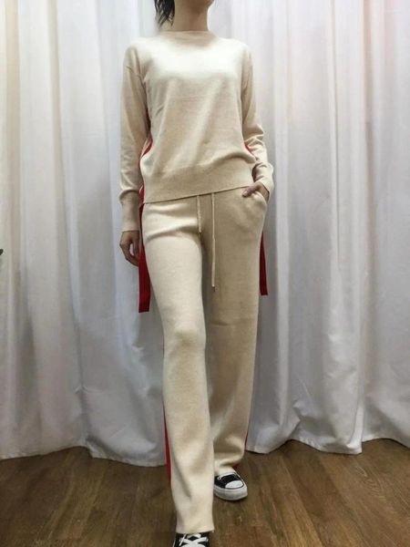 Женские брюки из двух частей 2024, качественный кашемировый вязаный костюм с круглым вырезом и завязками, женский модный свитер и драпировка, широкий женский комплект из двух частей
