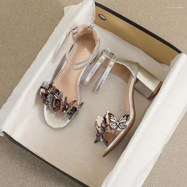 Sandalen Lady Gut gemacht Schmetterling mit Schnallenriemen runde Spitze hinten Reißverschlüsse Pumps Gold Silber Schuhe Designermarke