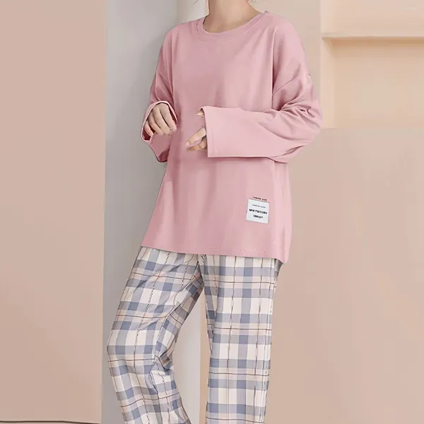 Indumenti da notte da donna Casual Solid Top Pantaloni scozzesi Donna Pigiama a due pezzi Set da notte Pigiama da donna Completo Pigiama di lusso Set Primavera Autunno