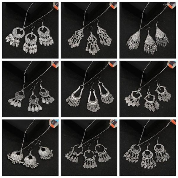 Collana Orecchini Set 2 pezzi / set Argento tibetano Moda etnica da donna Foglie intagliate geometriche Fatima Mano Nappa Orecchino Gioielli