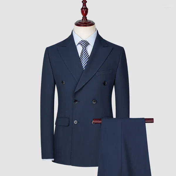 Ternos masculinos (calças blazer) moda estilo britânico negócios cavalheiro simples cor sólida duplo breasted casual casamento conjunto 2 peças