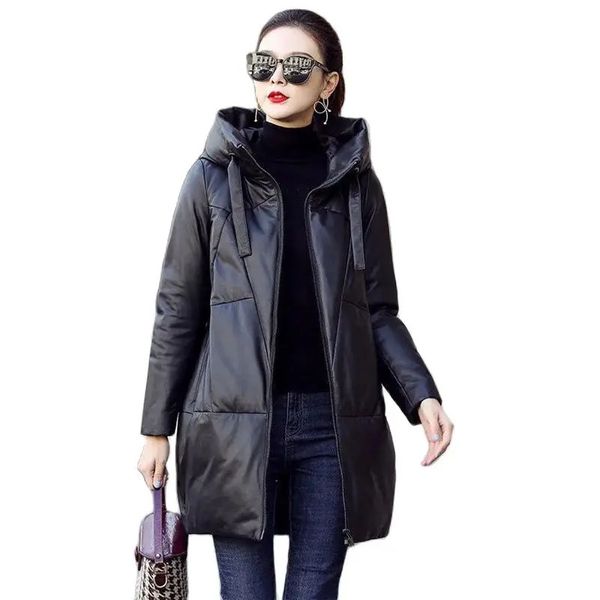 Addensare Snow Parka Giacca invernale da donna in pelle PU con cappuccio caldo Cappotto lungo allentato nero Cappotto in pelle di cotone femminile antivento 240117